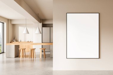 Boş çerçeveli poster modeli parlak modern mutfak içinde ahşap tabureler ve kolye ışıkları ile temiz bej duvarda. Yaratıcı sunum kavramı. 3B Hazırlama