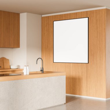 Modern mutfak içerisindeki ahşap duvarda boş poster modeli, yumuşak ışıklandırma ve nötr tonlarla temiz tasarım düzeni. Sanat anlayışı ya da afiş gösterisi. 3B Hazırlama