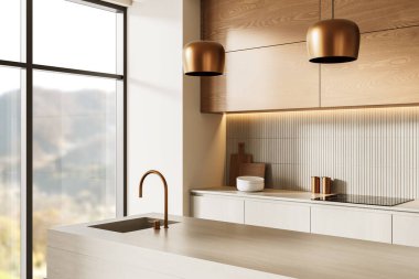 Ahşap dolaplar, bronz musluk ve ışıklar, minimalist tasarım, dağlı geniş pencere, zarafet kavramı. 3B Hazırlama