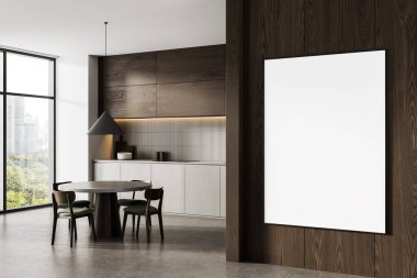 Çağdaş mutfak alanı. Koyu ahşap duvarda boş çerçeveli poster, temiz düzen, asgari tasarım, 3D tasarım, poster veya sanat modeli konsepti.