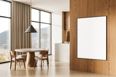 Minimalist yemek odası içinde ahşap duvarda boş çerçeveli poster, temiz düzen, yumuşak doğal ışıklandırma, modern ev tasarımı konsepti. 3B Hazırlama