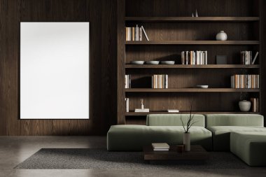 Modern iç mekanda ahşap duvarda boş bir poster modeli var. Kitap rafı, yeşil kanepe, en az dekor ve beton zemin. Temiz tasarım kavramı. 3B Hazırlama
