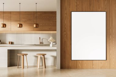 Ahşap duvarda boş dikey poster şablonu modern mutfak içinde tabureler ve bej arka planda kolye ışıkları. Modelleme kavramı. 3B Hazırlama