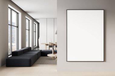 Boş poster şablonu, modern minimalist iç dekorasyonda, kanepe, masa ve yemek alanı, 3 boyutlu, temiz ışık duvarında asılı.