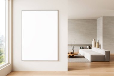 Minimalist kanepe, ahşap döşeme, dekoratif vazolar ve temiz tasarım konseptiyle parlak, modern iç mekânda boş poster modeli. 3B Hazırlama