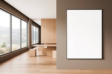 Minimalist boş poster şablonu parlak modern iç mekanda, doğal ahşap elementler ve geniş pencereli, yaratıcı reklam kavramı. 3B Hazırlama