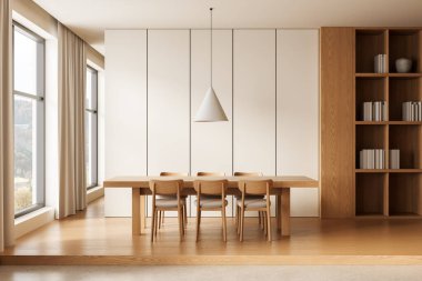Minimalist yemek odası, ahşap masa, altı sandalye, kolye ışığı, kitap rafları ve geniş pencereli, parlak nötr ton konsepti. 3B Hazırlama