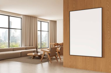 Ahşap duvardaki boş dikey poster şablonu şehir manzarası ve doğal ışık ile modern parlak iç tasarımı. Temiz yerleşim konsepti gösteriminin 3 boyutlu canlandırması