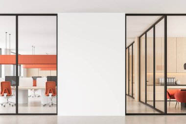 Kırmızı sandalyeleri, cam bölümleri ve merkezi beyaz bir duvarı olan çağdaş ofis iç mimarisi, parlak arka planda minimalist stil, çalışma alanı kavramı. 3B Hazırlama