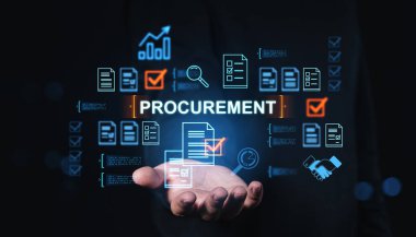 Parlak belge simgeleri, onay kutuları ve veri sembolleri ile dijital satın alma kavramı açık bir el üzerinde koyu bir arkaplan üzerinde asılı