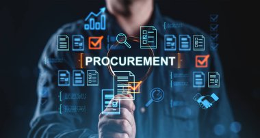 Elinde dijital satın alma simgeleriyle büyüteç tutan bir işadamı, fütürist grafik tarzı, koyu bulanık arka plan, satın alma süreci kavramı