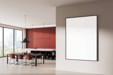 Modern mutfak içinin temiz duvarında büyük boş bir poster çerçevesi kırmızı dolaplar, parlak gün ışığı ve şehir manzaralı konsept. 3B Hazırlama