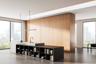 Ahşap duvarları, modern mobilyaları ve temiz beton arka planda panoramik şehir manzarası olan çağdaş minimalist mutfak. 3B Hazırlama