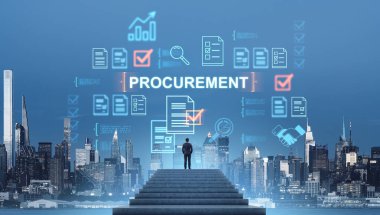 New York 'a tepeden bakan basamaklarda dikilen iş adamı dijital satın alma simgeleri ile iş stratejisi ve yönetim kavramını sembolize ediyor