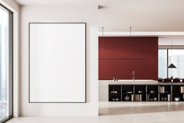 Modern mutfak içinde boş poster modeli, kırmızı dolaplar, temiz beyaz duvarlar, ve parlak doğal ışıklandırma, tasarım konsepti. 3B Hazırlama