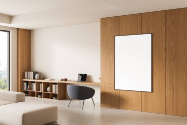 Temiz ahşap panelin duvarına asgari masa ve raf, parlak doğal aydınlatma ve kopyalama alanı olan boş bir poster şablonu. 3B Hazırlama