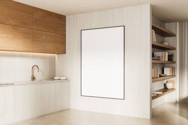 Modern mutfak iç dekorasyonunda tahta dolaplar, açık raflar, temiz yerleşim konsepti, 3 boyutlu tasarımı olan boş bir poster modeli.