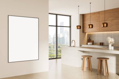 Modern mutfak iç mimarisi duvarında boş dikey poster, minimalist 3D biçimlendirme tarzı, sıcak tonlar, şehir manzarası arka planı, kopyalanmış uzay konsepti modeli