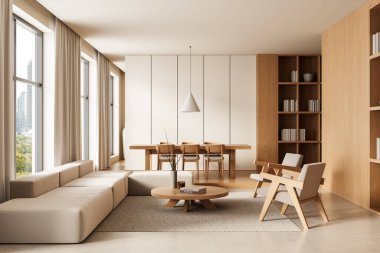 Geniş modern iç mekan, gün ışığında hafif bir arka planda tasarlanmış ahşap mobilyalar ve bej tonlarıyla minimalist açık konsept oturma ve yemek odasını gösteriyor. 3B Hazırlama