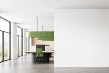 Yeşil sandalyeli ve ışıklandırmalı çağdaş ofis alanı, temiz bir arkaplanda boş beyaz bir duvar ya da tuval modeli var. 3B Hazırlama