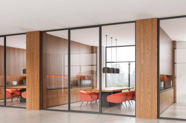 Ahşap paneller, kırmızı sandalyeler, kolye ışıkları ve şehrin arka planında cam bölümler olan çağdaş ofis içi. Modern çalışma alanı kavramı. 3B Hazırlama