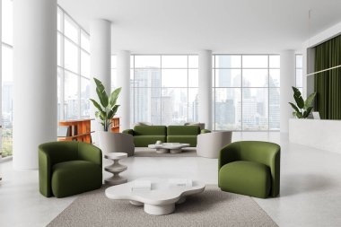 Yeşil şezlongları, heykel masaları ve şehrin ufuk çizgisi arka planı, lüks ofis alanı konsepti, 3D tasarım.