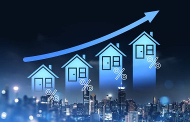 Yüzde işaretli dört ev simgesi ve yükselen bir ok yükselen gayrimenkul fiyatlarını ve faiz oranlarını sembolize ediyor.