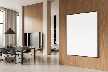 Geniş bir yemek odası, ahşap duvarında büyük boş bir poster, temiz modern iç tasarım düzeni, yumuşak ışık ve nötr tonlar. 3B Hazırlama