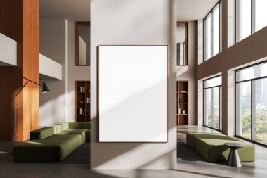 Modern iç mekanda temiz duvarda ahşap çerçeveli büyük boş poster, yeşil mobilya ve şehir manzarası, kopyalanmış uzay sunumu konsepti. 3B Hazırlama