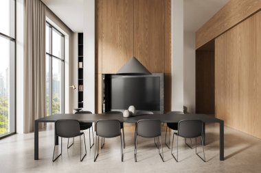 Süslü mobilyaları, ahşap duvar panelleri, geniş pencereleri ve parlak iç mekanlı modern dekorları olan minimalist yemek odası. 3B Hazırlama