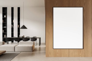 Modern minimalist iç dekorasyonlu, nötr tonlu ve şık mobilyalı tahta duvarda boş dikey poster modeli. 3B Hazırlama