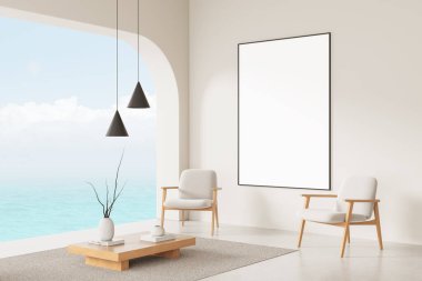 Parlak minimalist iç mekan, duvarında büyük boş bir poster, ahşap mobilyalar, okyanus manzaralı arka plan, modern tasarım poster modeli konsepti, 3D tasarım.