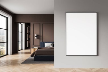 Modern yatak odasının iç kısmında, ahşap zemin ve kahverengi aksanlı, sunum veya marka kavramlı, boş çerçeveli poster modeli. 3B Hazırlama