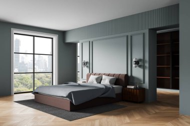 Yumuşak tonlu duvarları olan çağdaş bir yatak odası şehir manzarasına bakan geniş bir pencere ve ahşap zeminde modern mobilyalar. Modern tasarım kavramı. 3B Hazırlama