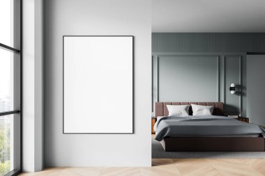 Boş poster şablonu şık yatak odasının iç kısmında geniş yatak odası ve yumuşak ışıklandırma, ürün veya sanat sergisi için temiz bir düzen. 3B Hazırlama