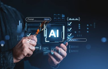Adam parlak yapay zeka arayüzü olan akıllı telefon ve stil kullanıyor, fütürist grafik tarzı, koyu arkaplanda. Yapay zeka ve teknoloji kavramı