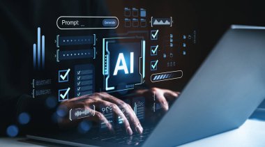 Eller bilgisayarda holografik yapay zeka arayüzü, fütüristik stil, koyu arkaplan ile yazıyor. Akıllı robot programlama ve yapay teknoloji kavramı