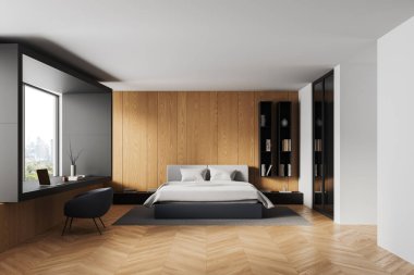 Minimalist yatak odası, ahşap duvar panelleri, rahat yatak, pencere kenarında masa ve şehir manzarası yumuşak doğal tonlarda. 3B Hazırlama