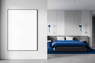 Modern yatak odasının içinde beyaz duvarda boş çerçeveli poster mavi yatak odası, şık ışıklandırma ve minimalist mobilyalar. 3B Hazırlama