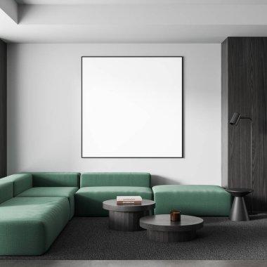 Minimalist iç mekan, yeşil modüler kanepe, temiz beyaz duvarda boş çerçeveli poster modeli, koyu ahşap detaylar, modern konsept. 3B Hazırlama