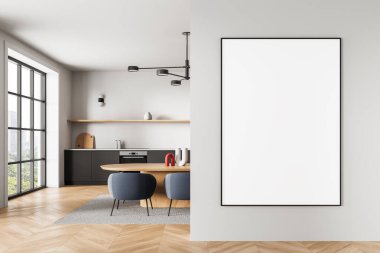 Modern mutfak ve yemek odası büyük boş posterli, İskandinav tarzı temiz iç mekan, ahşap zemin, tasarım şablonu konsepti. 3B Hazırlama