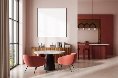 Duvarında boş posteri, minimalist mobilyaları ve kırmızı sandalyeleri olan modern bir iç mekan, doğal ışığı olan temiz bir oda, ev tasarımı konsepti. 3B Hazırlama