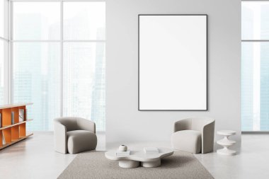 Temiz duvarda boş dikey poster çerçevesi, yumuşak koltuklar ve şehir manzaralı modern kahve masası olan çağdaş bir iç mekan. 3B Hazırlama