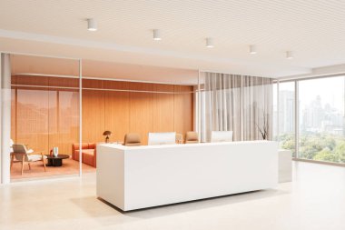 Çağdaş ofis resepsiyonu, parlak beyaz masa, ahşap duvar panelleri ve cam pencerelerden şehir manzarası. Tasarım kavramının 3 boyutlu oluşturulması