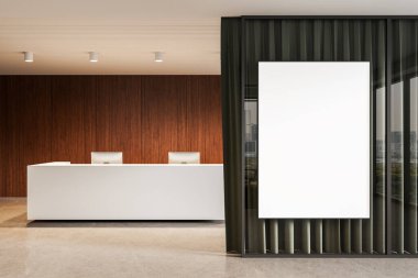 Beyaz bir resepsiyon masasının yanındaki cam duvarda dikey poster şablonu, ahşap kaplamalı modern temiz ofis iç mimarisi, 3D