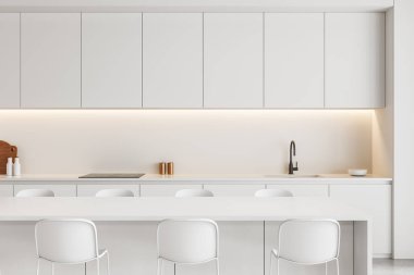 Çağdaş minimalist mutfak, beyaz dolaplar, kabin altı aydınlatma ve temiz bir arka planda modern eşyalar. Modern tasarım kavramı. 3B Hazırlama