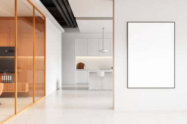 Boş çerçeveli poster modeli, minimalist modern ofis içinde, içinde mutfak, cam ahşap bölme ve temiz bir düzen olan beyaz bir duvarda. 3B Hazırlama