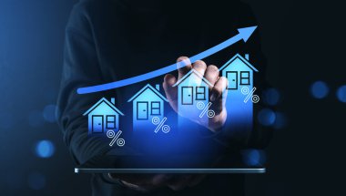 Yüzdelik sembollere ve büyüme okuna sahip yükselen ev simgeleri, koyu bulanık arka planda dijital grafik tarzı. Emlak piyasası artışı kavramı