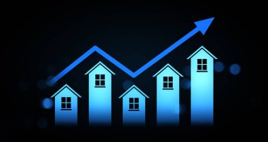 Büyüyen ev simgeleri, yukarı doğru ok, parlak mavi grafik tarzı, koyu arkaplan. Gayrimenkul büyümesi ve yatırım kavramı. 3B Hazırlama.
