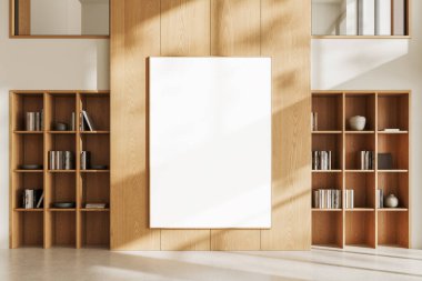 Temiz ahşap bir duvara asılı boş bir poster şablonu, reklam veya sunum için parlak modern arka planda kitaplıklarla çevrili. 3B Hazırlama